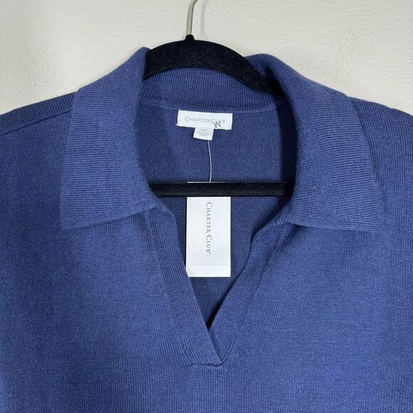 Charter Club V Neck Ruffle Cuff Collared Sweater Long Sleeve Pullover Navy XXL - Picture 2 of 7